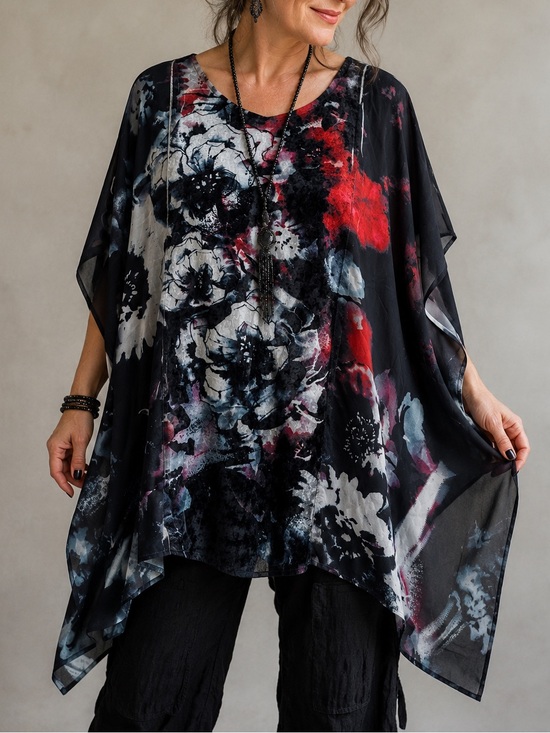 Mushka By Sienna Rose Tops - Mushka by Sienna Rose Velvet Panel Floral Chiffon Poncho Blouse XL Boho
